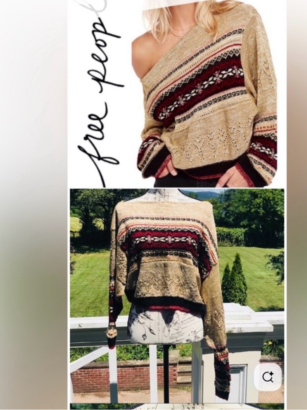 Free People metallic fair Isle Off-Shoulder Sweater Burgundy Black Large shimmer